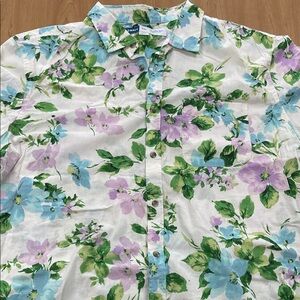 Old Navy Men's White Floral Button-Down Shirt with Green, Blue & Purple Print